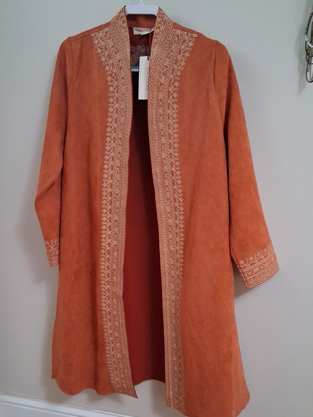 Solitaire Orange Embroidered Open-Front Cape Coat